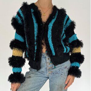 vintage striped fluffy puffed 3D textured crazy eyelash knit sweater cardigan